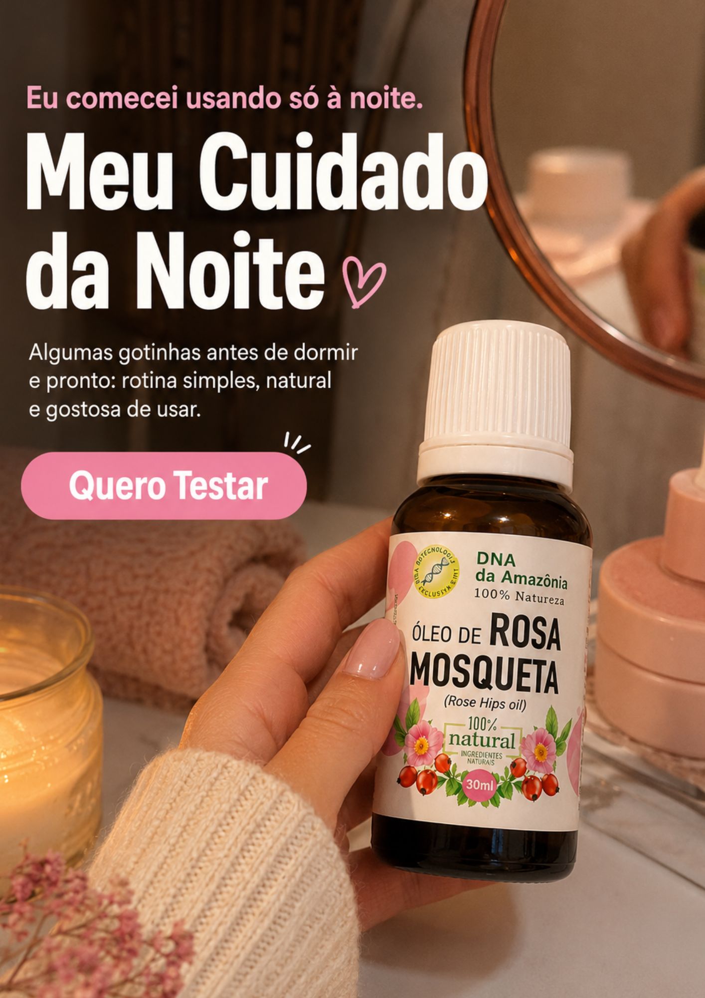 Cena botânica do produto, cercado por elementos naturais.