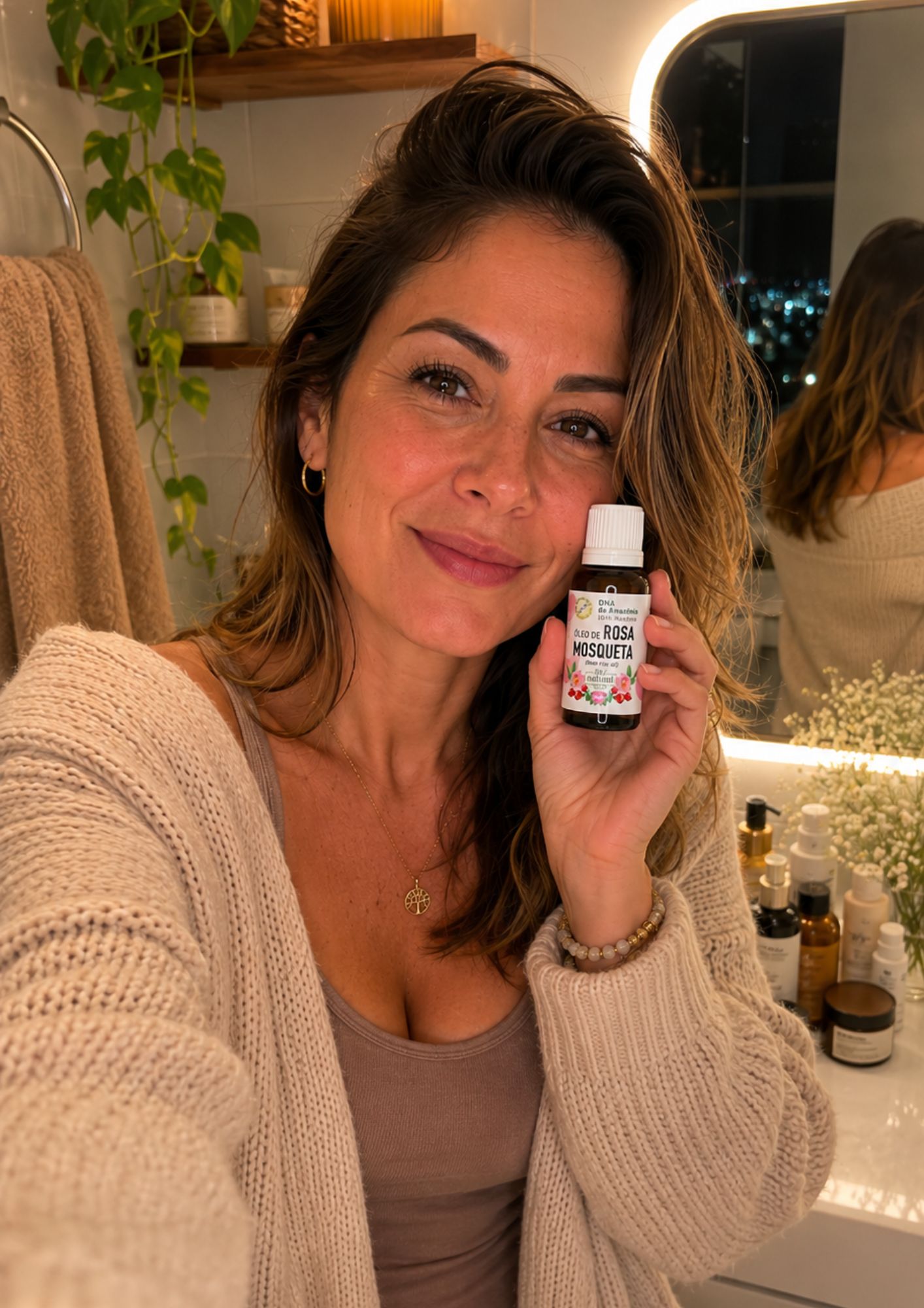 Patricia segurando e apresentando o produto.