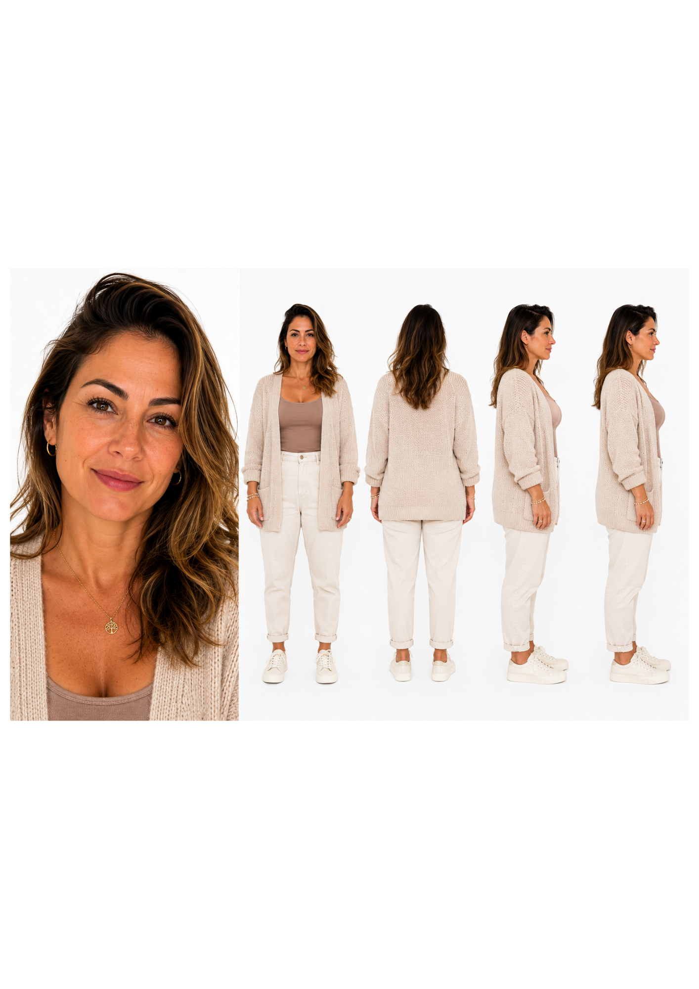 Character sheet da Patricia: rosto e corpo, em diferentes ângulos.