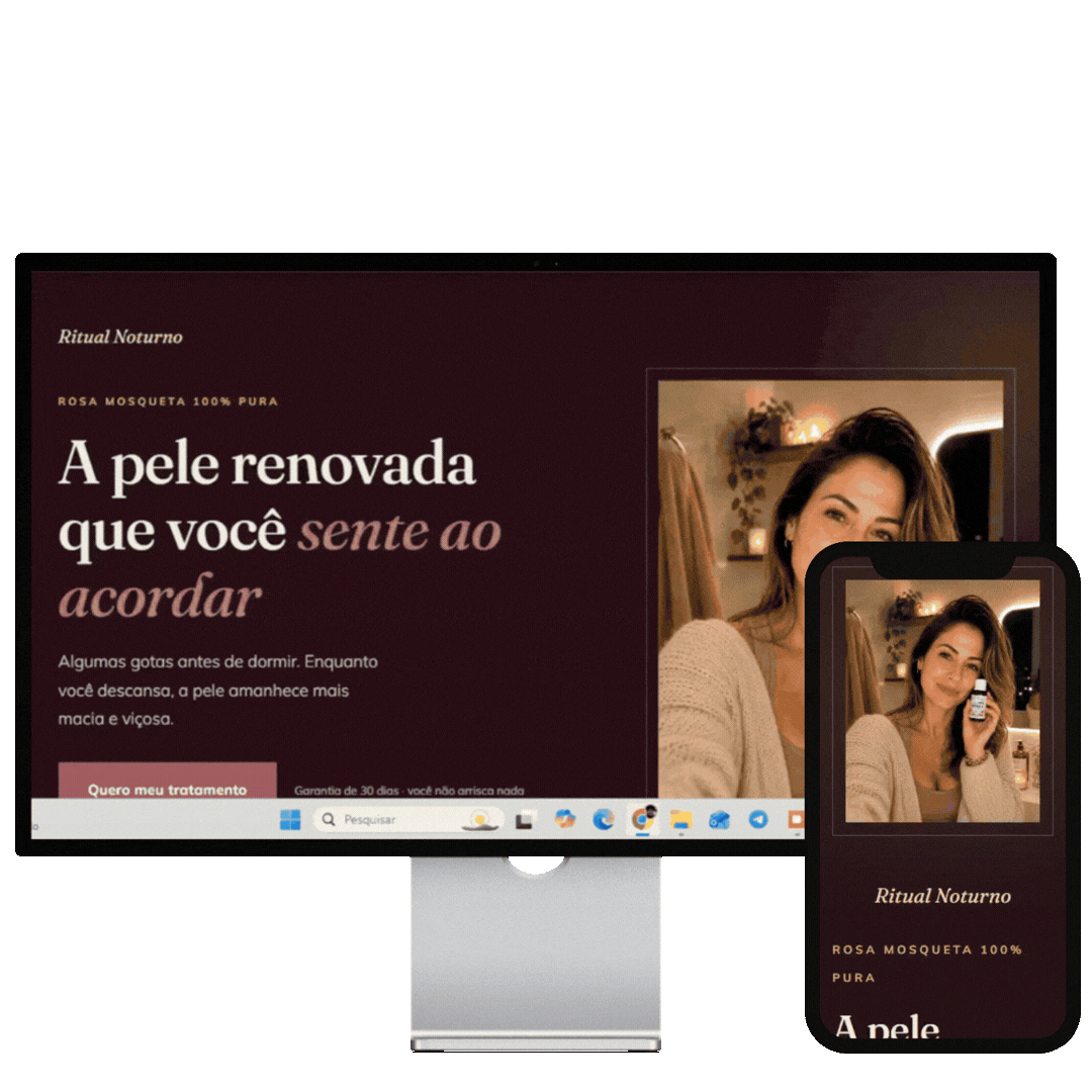 Mockup animado da landing page montada com os criativos do produto.