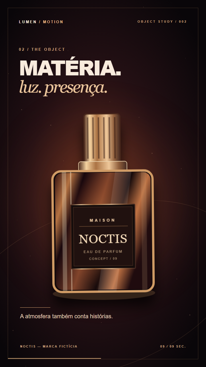 Frasco de perfume NOCTIS em atmosfera escura e reflexos acobreados